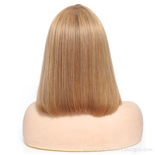 Wholesale Fringe High Density Machine Made Ombre Color P4/27 Virgin Human Hair Short Bob Straight Hair Wig with Bangs